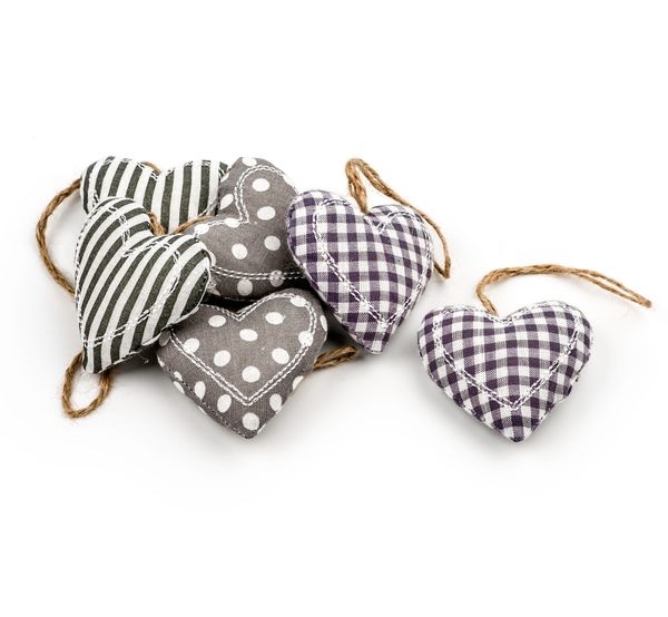 Srdce závěs textil 6ks 9cm šedá